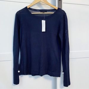 Ann Taylor Split Sleeve Pearlized Trim Sweater Wool Blend Night Sky Navy M NWT